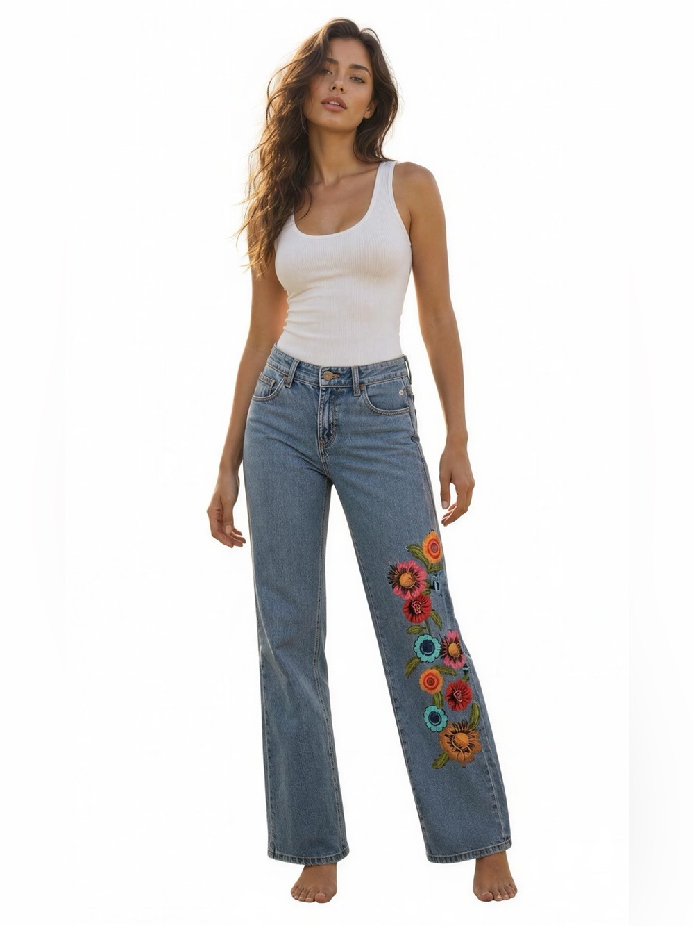 Embroidered Floral Straight-Leg Women's Jeans - Blue